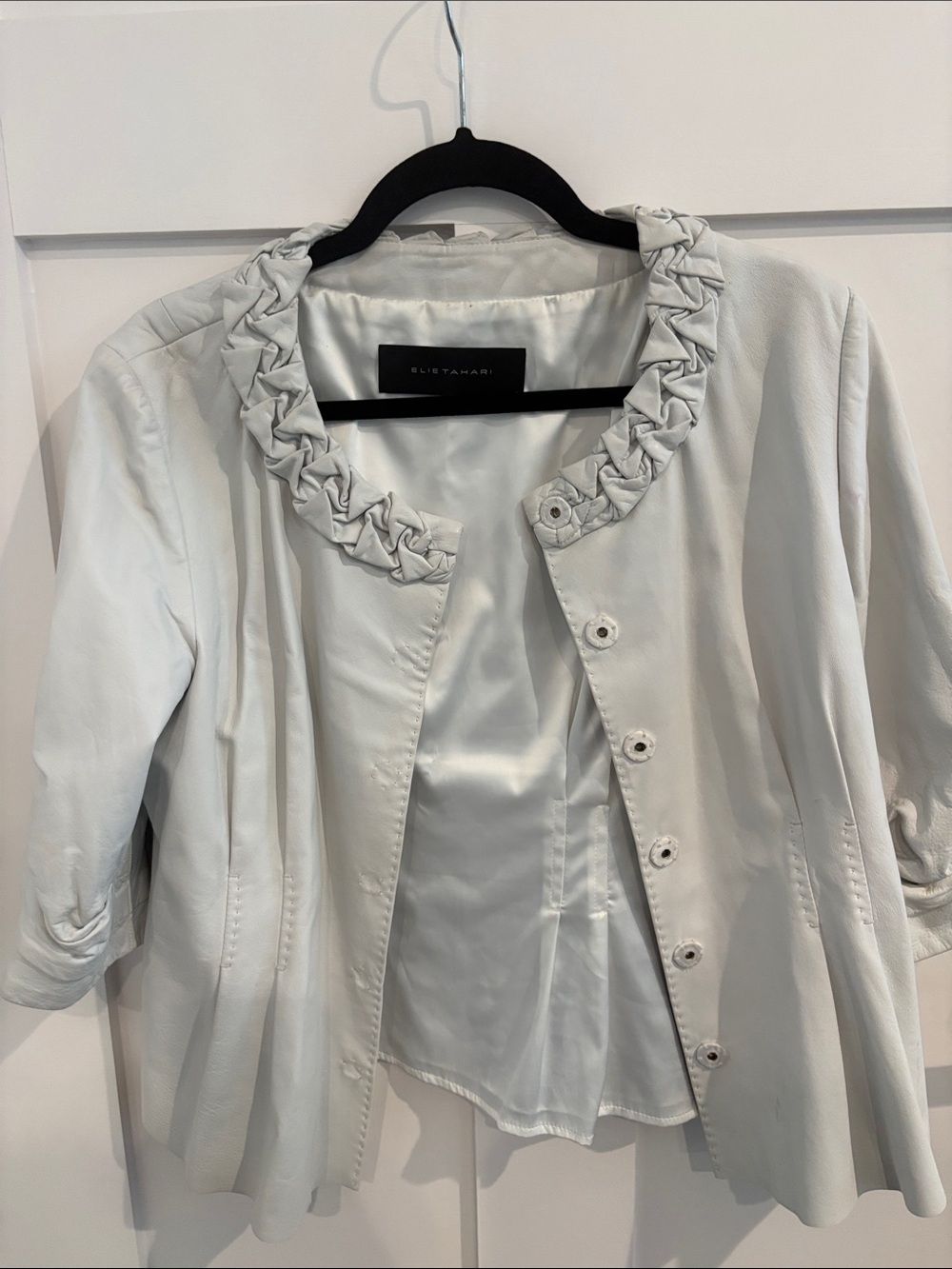 Elie Tahari Light Gray Braided-Collar Leather Jacket